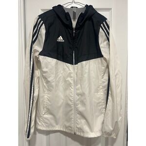 Adidas Windbreaker Hooded Jacket White Black 3 Stripes Athleisure Size XS